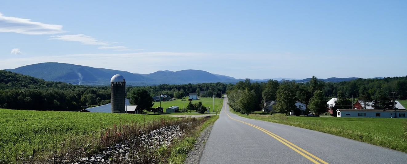 Vermont mountains and a grain silo
