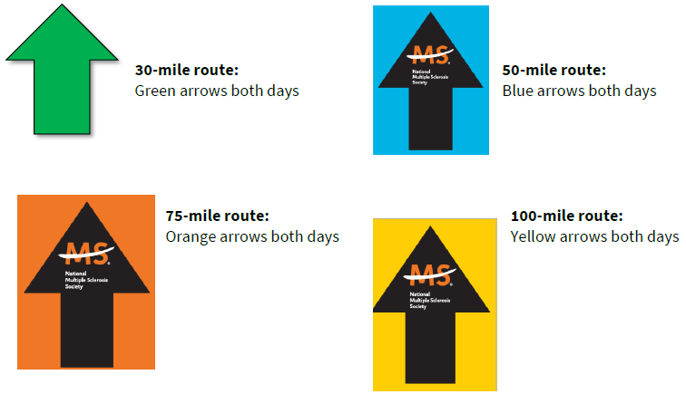 Color coded arrows for 2023 Bike MS: Historic New Bern route