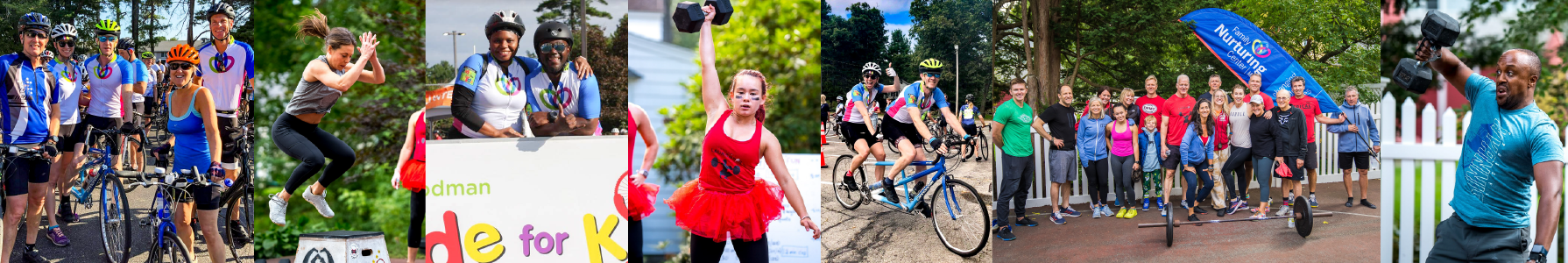 Images from FNC's Rodman Rides in years past: riders, Crossfit challengers, and participants posing.