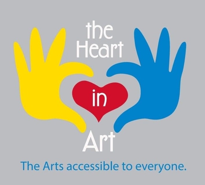 The Heart in Art logo, blue and yellow hands holding a red heart with the The Heart in Art written over it